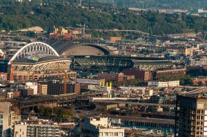 Sports stadiums Seattle view from Space Needle